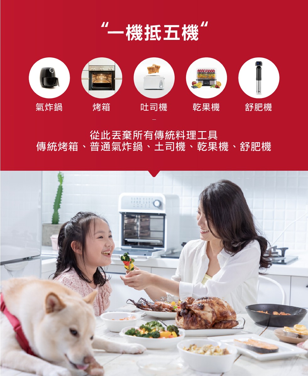 “一機抵五機”，氣炸鍋，吐司機，乾果機，舒肥機，從此丟棄所有傳統料理工具，傳統烤箱、普通氣炸鍋、土司機、乾果機、舒肥機。