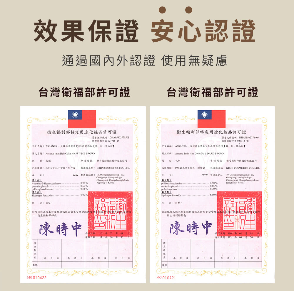 效果保證 安心認證,通過國內外認證 使用無疑慮,台灣衛福部許可證,中文名稱: ASSANTA 一分鐘絲染黑染髮劑-55號酒紅 【第一劑、第二劑】,英文名稱: Assanta Imin Hair Color No.55 WINE BROWN,龍 型:扎