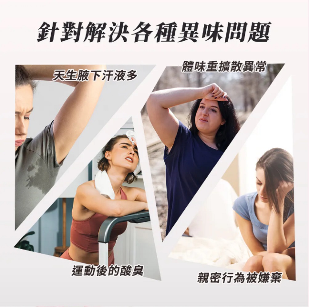針對解決各種異味問題，體味重擴散異常一，天生腋下汗液多，運動後的酸臭，親密行為被嫌棄。