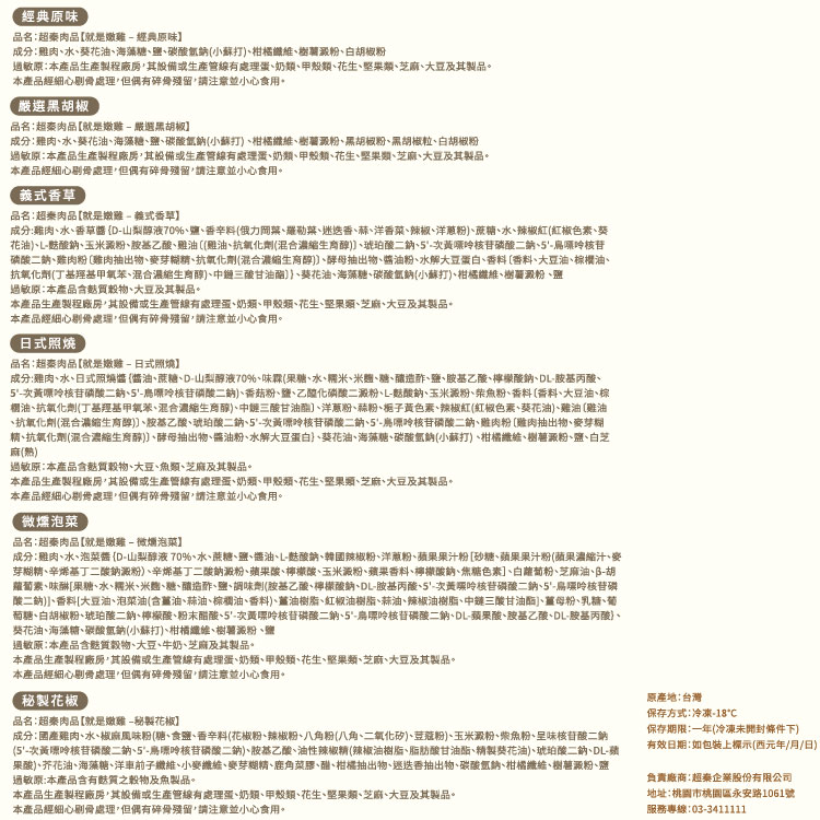 經典原味,品名:超秦肉品【就是燉雞-經典原味】,成分:雞肉、水、葵花油、海藻糖、鹽、碳酸氫鈉(小蘇打)、柑橘纖維、樹薯澱粉、白胡椒粉,過敏原:本產品生產製程廠房,其設備或生產管線有處理蛋、奶類、甲殼類、花生、堅果類、芝麻、大豆及其製品。本產品經細心剔