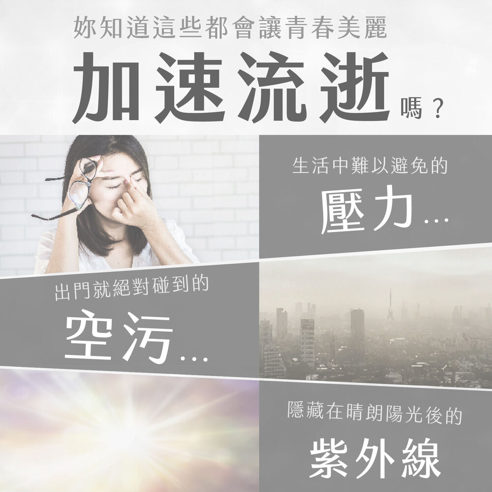 你知道這些都會讓青春美麗,加速流逝 ®,出門就絕對碰到的,生活中難以避免的,壓力…………,隱藏在晴朗陽光後的,紫外線。