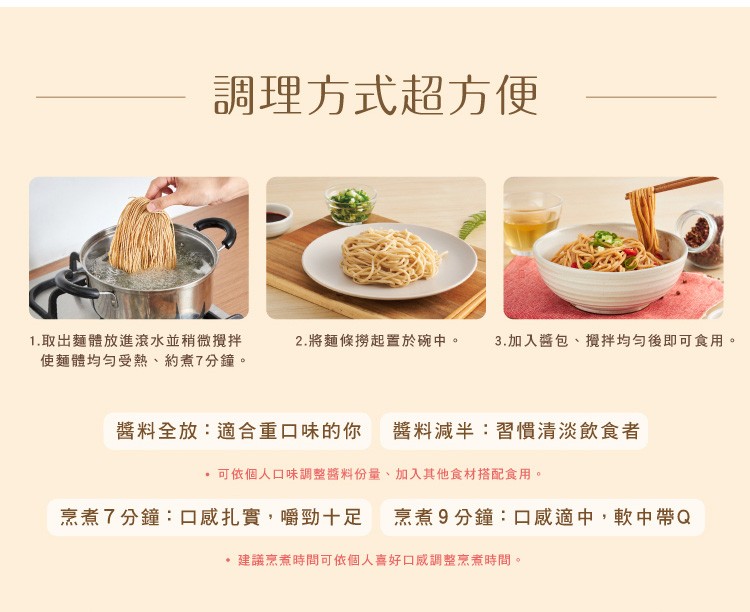 調理方式超方便，1.取出麵體放進滾水並稍微攪拌，使麵體均匀受熱、約煮7分鐘。2.將麵條撈起置於碗中。3.加入醬包、攪拌均匀後即可食用。醬料全放:適合重口味的你 醬料減半:習慣清淡飲食者，可依個人口味調整醬料份量、加入其他食材搭配食用。烹煮7分鐘:口感
