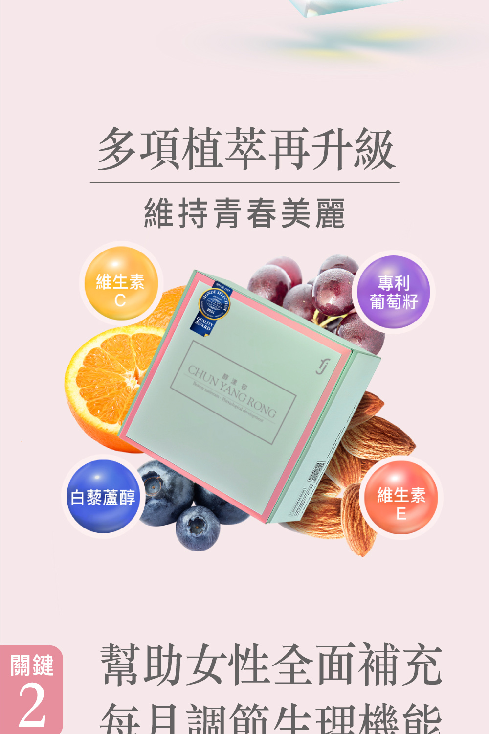 再升級，維持青春美麗，維生素，【白藜蘆醇，醇濃容，葡萄籽，維生素，幫助女性全面補充，每月調節生理機能。