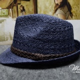 夏天手工編織草帽_藍色_花紋