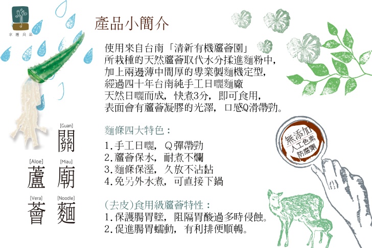 產品小簡介，使用來自台南清新有機蘆薈園所栽種的天然蘆薈取代水分揉進麵粉中,加上兩邊薄中間厚的專業製麵機定型,經過四十年台南純手工日曬麵廠，天然日曬而成,快煮3分,即可食用,表面會有蘆薈凝膠的光澤,口感Q滑帶勁。麵條四大特色:1.手工日曬,Q彈帶勁，2