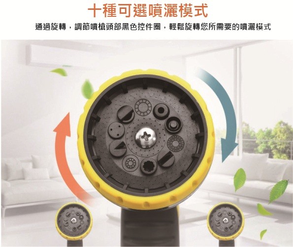 十種可選噴灑模式,通過旋轉,調節噴槍頭部黑色控件圈,輕鬆旋轉您所需要的噴灑模式。