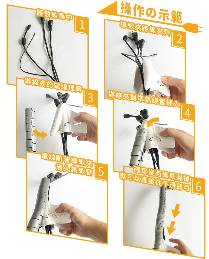 操作の示範,將散線集中,導線夾的電線理齊,導線夾對準集線管插入,電線順著導線夾,一確定沒有線頭漏掉,就可以直接往下滑即可,滑入集線管。