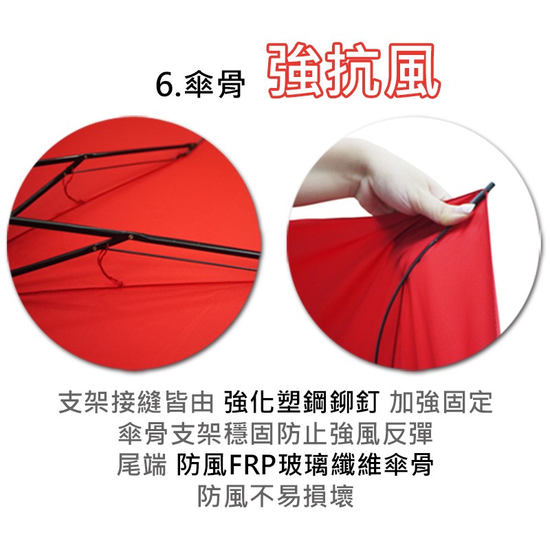 6.傘骨，支架接縫皆由強化塑鋼鉚釘加強固定，傘骨支架穩固防止強風反彈，尾端防風FRP玻璃纖維傘骨，防風不易損壞。