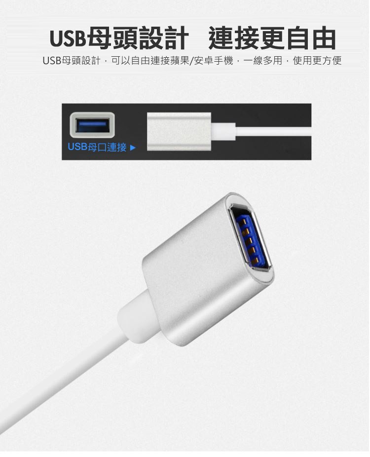 USB母頭設計，連接更自由，USB母頭設計,可以自由連接蘋果/安卓手機,一線多用,使用更方便，USB母口連接》。