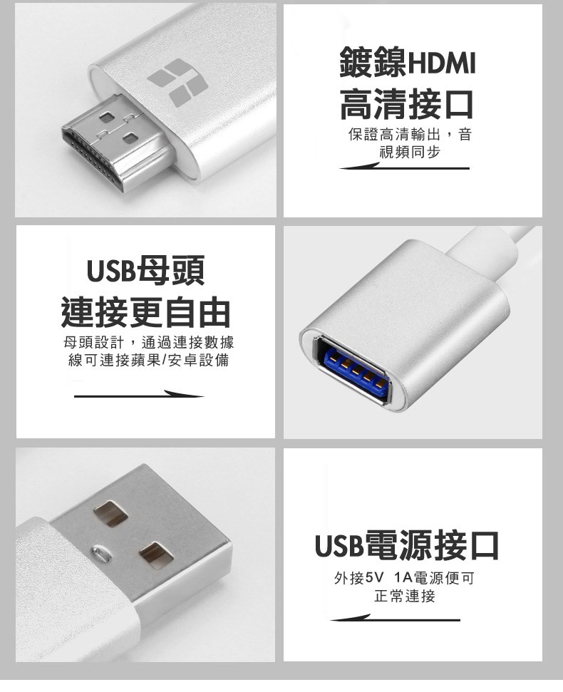 鍍鎳HDMI，高清接口，保證高清輸出,音，視頻同步，USB母頭，連接更自由，母頭設計,通過連接數據，線可連接蘋果/安卓設備，USB電源接口，外接5V 1A電源便可，正常連接。