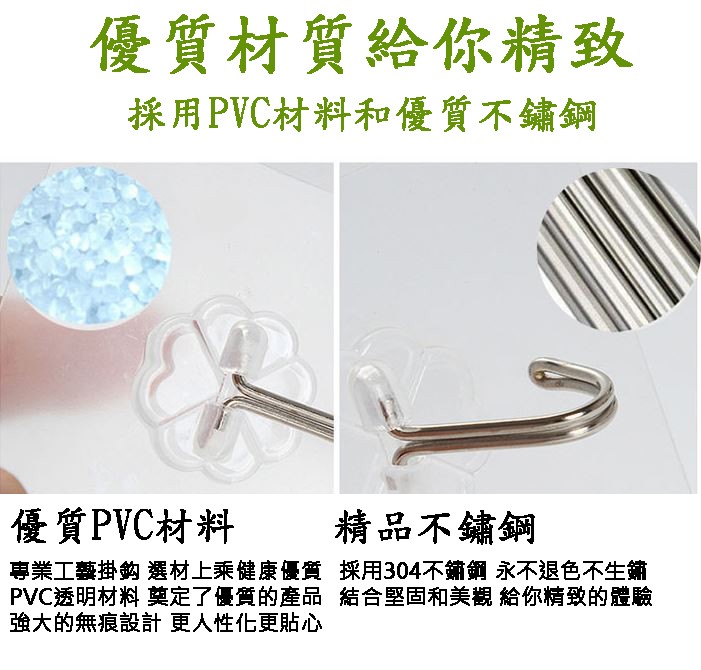 優質材質給你精致，採用PVC材料和優質不鏽鋼，優質PVC材料，專業工藝掛的選材上乘健康優質，PVC透明材料莫定了優質的產品，強大的無痕設計更人性化更貼心，精品不鏽鋼，採用304不鏽鋼永不退色不生箱，結合堅固和美觀 給你精致的體驗。