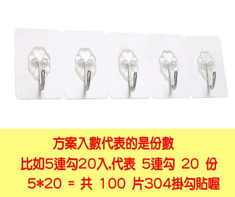 方案入數代表的是份數，比如5連勾20入,代表 5連勾 20 份，520 = 共100片304掛勾貼喔。