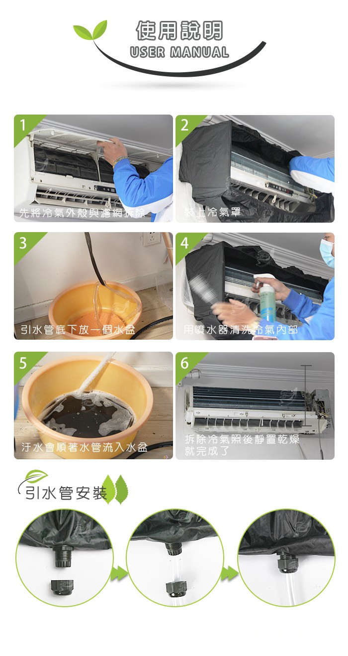 使用說明，先將冷氣外殼與濾網，用噴水器清洗氣內部，引水管底下放一個水盆，拆除冷氣照後靜置乾燥，就完成了，汙水會順著水管流入水盆，引水管安裝。