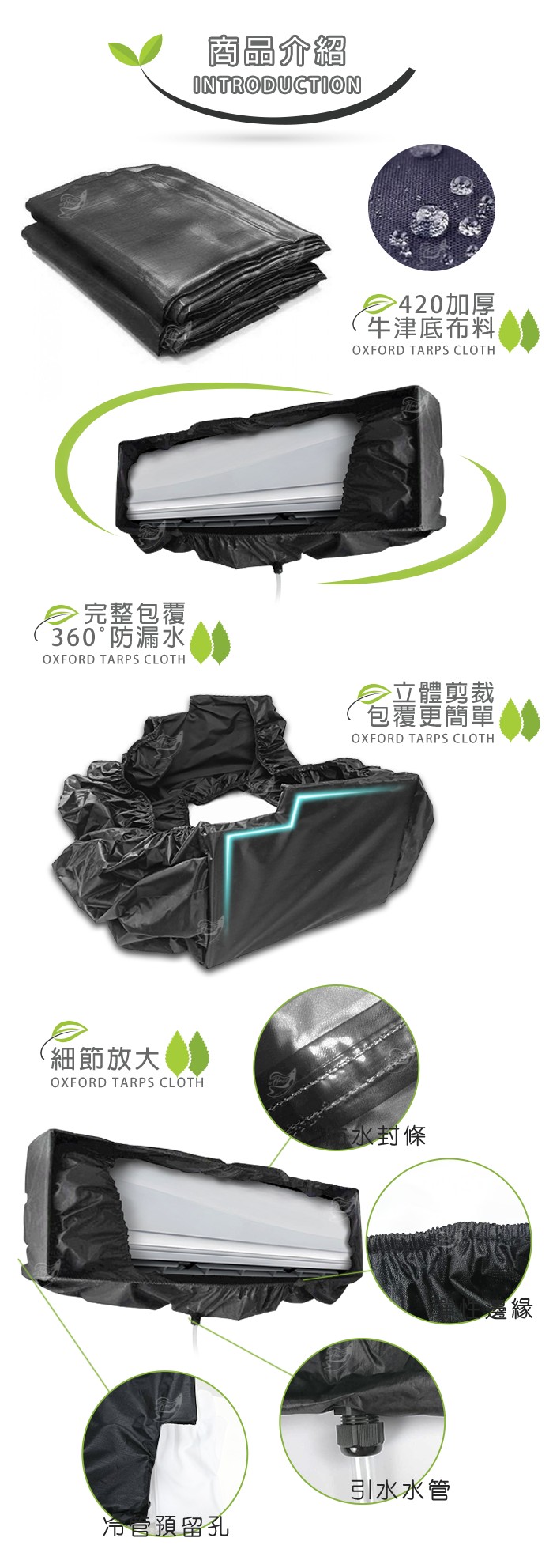 商品介紹，牛津底布料，完整包覆，360防漏水，立體剪裁，包覆更簡單，(細節放大，水封條，引水水管，冷言預留孔。