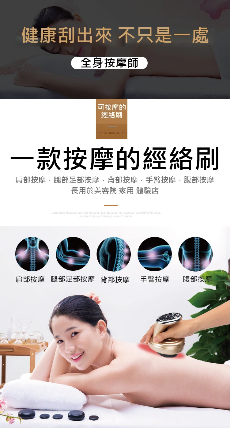 健康刮出來不只是一處，全身按摩師，可按摩的，經絡刷，款按摩的經絡刷，肩部按摩,腿部足部按摩,背部按摩,手臂按摩,腹部按摩，長用於美容院家用 體驗店，腹部按摩，腿部足部按摩，手臂按摩，肩部按摩，背部按摩。