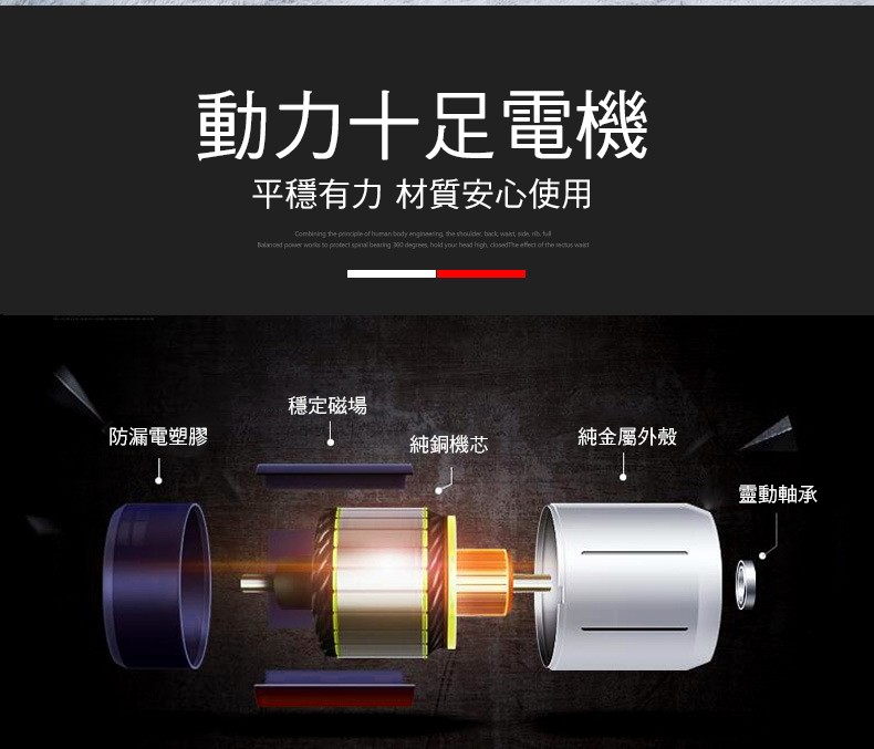 動力十足電機,平穩有力材質安心使用,穩定磁場,防漏電塑膠,純金屬外殼,純銅機芯,靈動軸承。