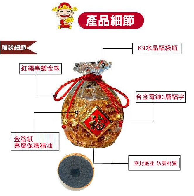 產品細節，福袋細節。K9水晶福袋瓶，紅繩串鍍金珠，合金電鍍3層福字，金箔紙，專屬保護精油，密封底座防震材質。