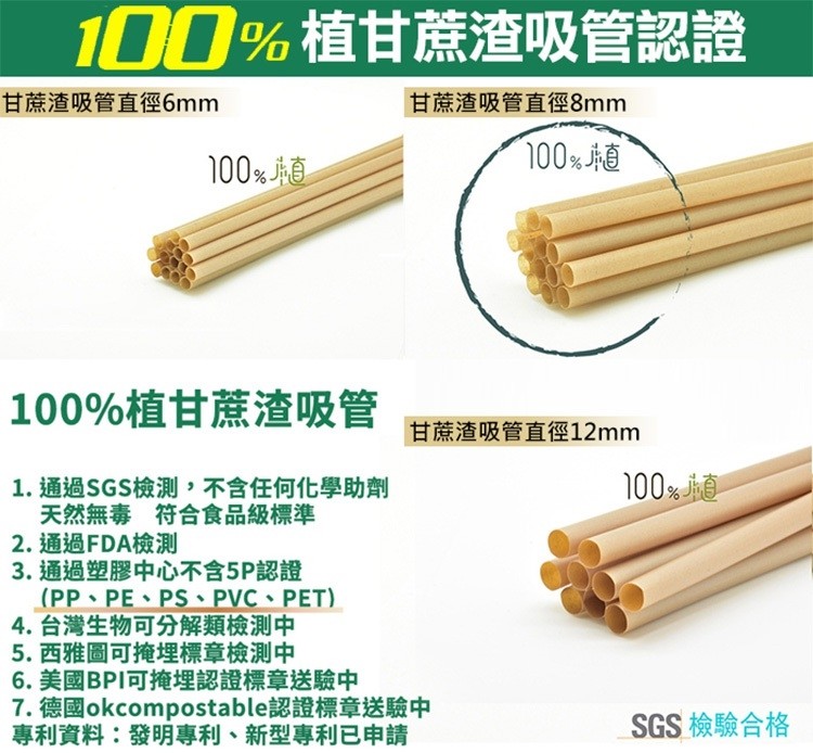 100%植甘蔗渣吸管認證，甘蔗渣吸管直徑6mm，甘蔗渣吸管直徑8mm，100%道，100%直，100%植甘蔗渣吸管，甘蔗渣吸管直徑12mm，1. 通過SGS檢测,不含任何化學助劑，天然無毒 符合食品級標準，2. 通過FDA檢測，3. 通過塑膠中心不含