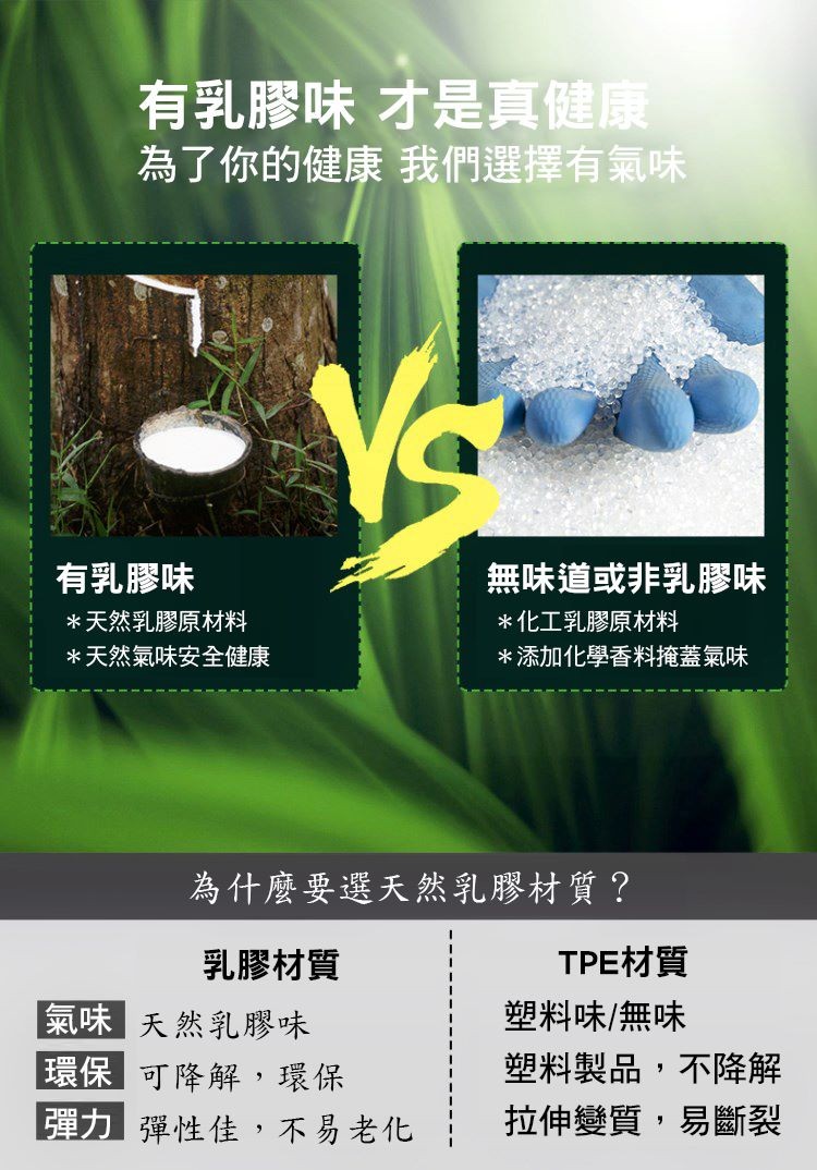 有乳膠味才是真健康，為了你的健康我們選擇有氣味，有乳膠味，無味道或非乳膠味，天然乳膠原材料，天然氣味安全健康，化工乳膠原材料，添加化學香料掩蓋氣味，為什麼要選天然乳膠材質?乳膠材質，氣味天然乳膠味，環保可降解,環保，彈力彈性佳,不易老化，TPE材質，