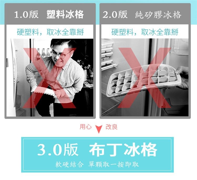 塑料冰格，2.0版 純矽膠冰格，1.0版，塑料,取冰全靠掰，硬塑料,取冰全靠掰，3.0版 布丁冰格，單顆取一按即取，軟硬結合。
