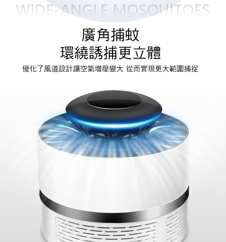 廣角捕蚊，環繞誘捕更立體，優化了風道設計讓空氣，增壓變大從而實現更大範圍捕捉。