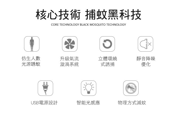 技術 捕蚊黑科技，仿生人數，光源誘蚊，立體環繞，式誘捕，升級氣流，漩渦系統，靜音降噪，USB電源設計，物理方式滅蚊，智能光感應。