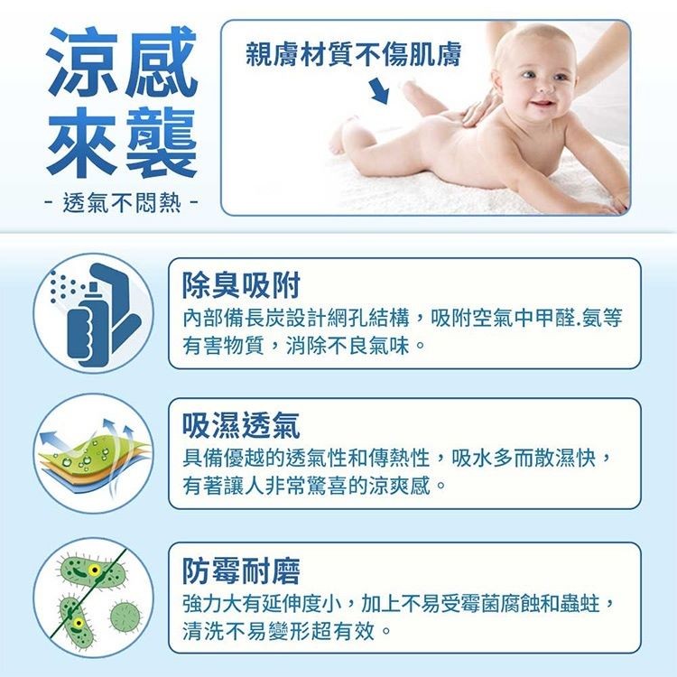 親膚材質不傷， 透氣不悶熱-除臭吸附，內部備長炭設計網孔結構,吸附空氣中甲醛,氨等，有害物質,消除不良氣味。吸濕透氣，具備優越的透氣性和傳熱性,吸水多而散濕快,有著讓人非常驚喜的涼爽感。防霉耐磨，強力大有延伸度小,加上不易受霉菌腐蝕和蟲蛙,清洗不易變