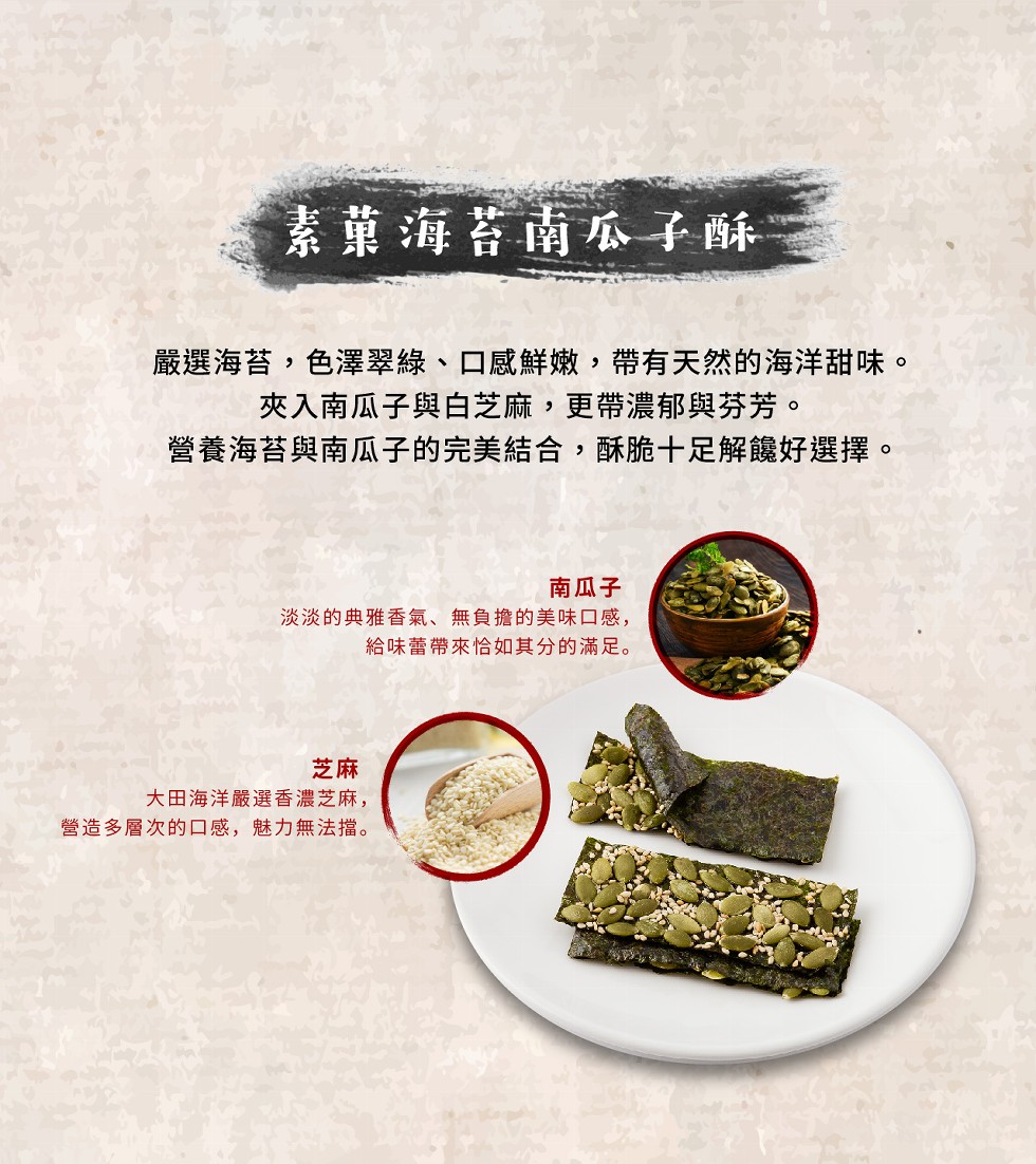 素菓海苔南瓜子酥,嚴選海苔,色澤翠綠、口感鮮嫩,帶有天然的海洋甜味。夾入南瓜子與白芝麻,更帶濃郁與芬芳。營養海苔與南瓜子的完美結合,酥脆十足解。好選擇。南瓜子,淡淡的典雅香氣、無負擔的美味口感,給味蕾帶來恰如其分的滿足。大田海洋嚴選香濃芝麻,營造多層