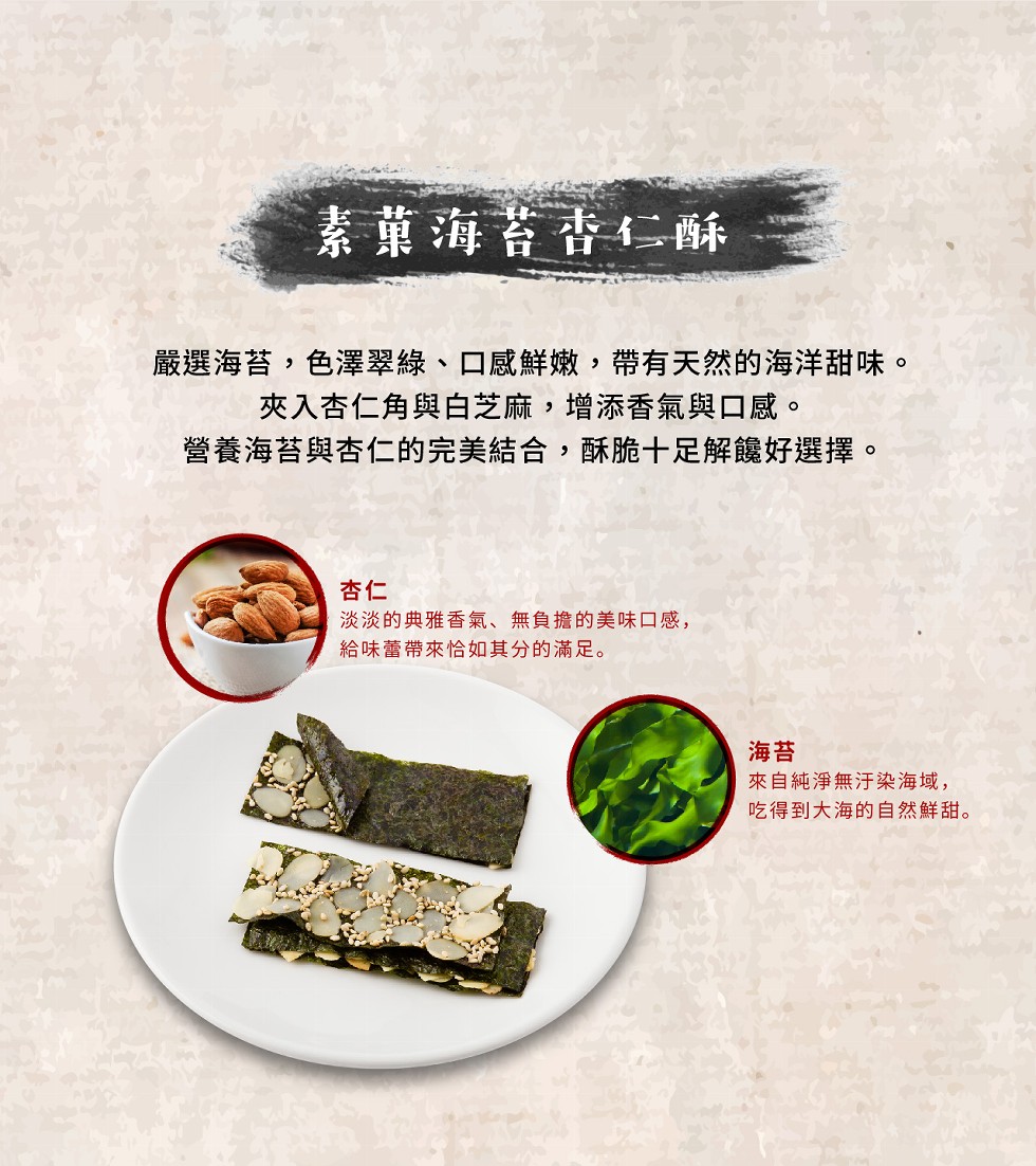 素菓海苔杏仁酥,嚴選海苔,色澤翠綠、口感鮮嫩,帶有天然的海洋甜味。夾入杏仁角與白芝麻,增添香氣與口感。營養海苔與杏仁的完美結合,酥脆十足解。好選擇。淡淡的典雅香氣、無負擔的美味口感,給味蕾帶來恰如其分的滿足。來自純淨無汙染海域,吃得到大海的自然鮮甜。