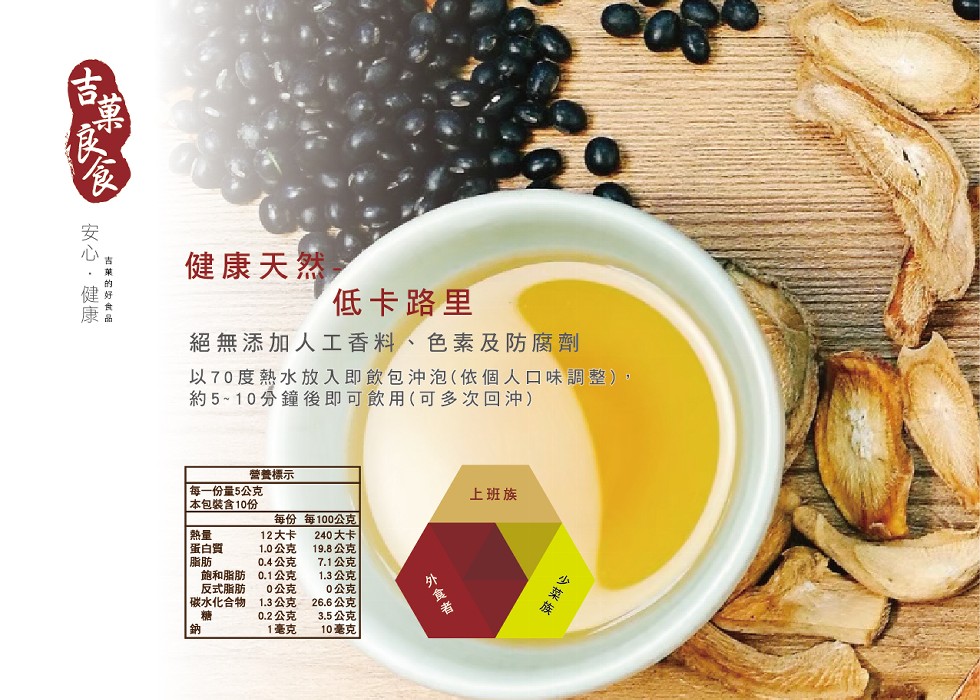 健康天然，低卡路里，絕無添加人工香料、色素及防腐劑，以70度熱水放入即飲包沖泡(依個人口味調整),約5-10分鐘後即可飲用(可多次回沖)，營養標示，每一份量5公克，本包裝含10份，上班族，每份每100公克，240大卡，19.8公克，7.1公克，1.3