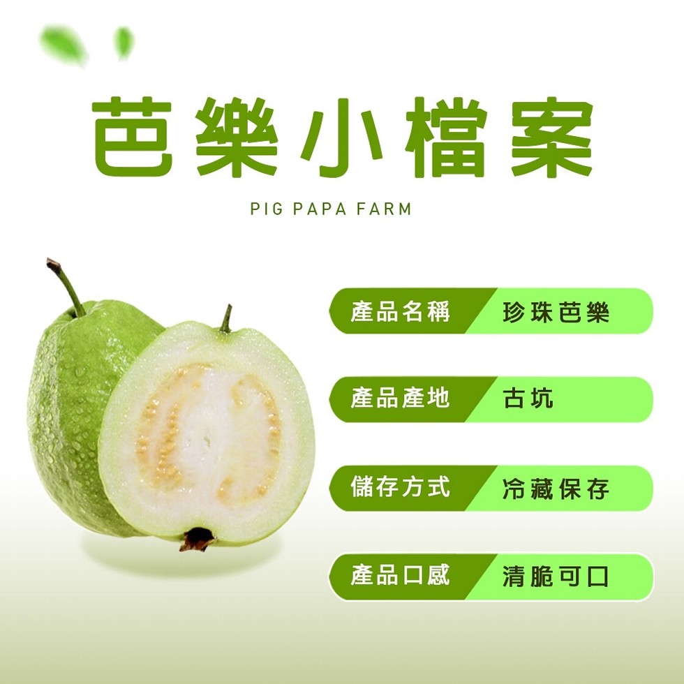 芭樂小檔案，產品名稱，珍珠芭樂，產品產地，儲存方式，冷藏保存，產品口感，清脆可口。