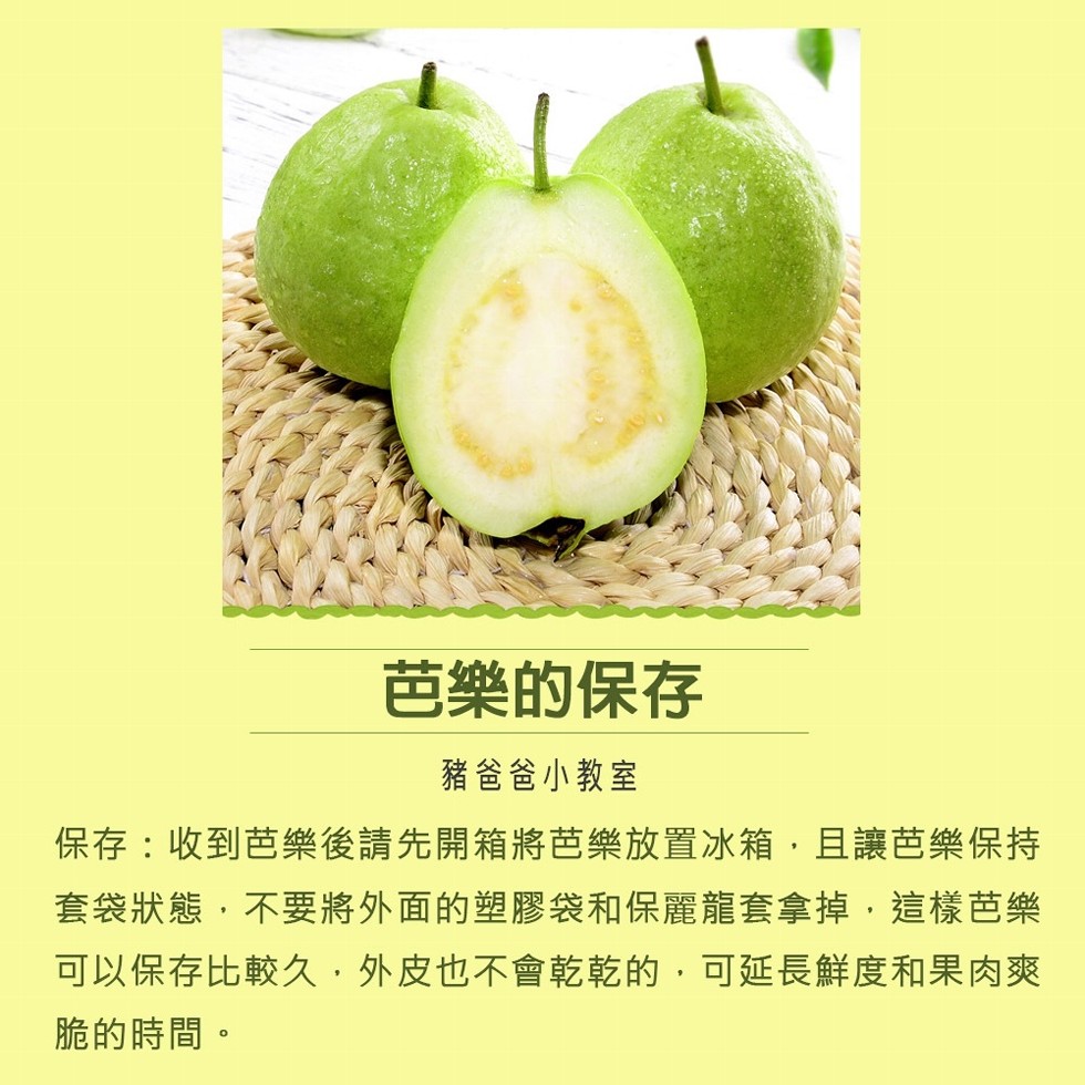 芭樂的保存，豬爸爸小教室，保存:收到芭樂後請先開箱將芭樂放置冰箱,且讓芭樂保持，套袋狀態,不要將外面的塑膠袋和保麗龍套拿掉,這樣芭樂，可以保存比較久,外皮也不會乾乾的,可延長鮮度和果肉爽，脆的時間。