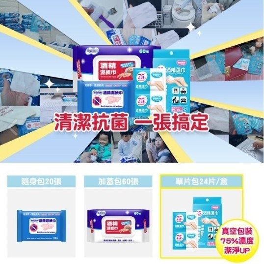 清潔抗菌一張搞定,單片包24片/盒,隨身包20張,加蓋包60張,日真空包装,75%濃度,潔淨UP。