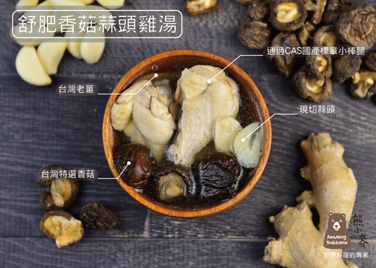 舒肥香菇蒜頭雞湯，通過CAS國產標章小棒腿，台灣老薑，現切蒜頭，台灣特選香菇，舒肥料理的專家。
