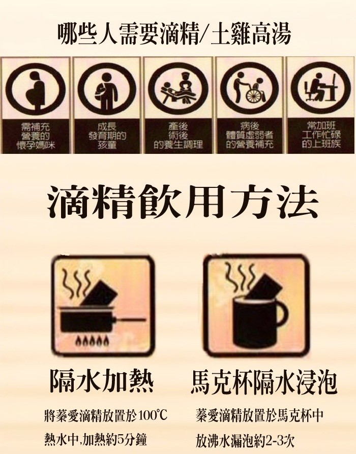哪些人需要滴精/土雞高湯,發育期的,常加班,工作忙碌,的上班族,需補充,的養生調理,體質虚弱者,的營養補充,懷孕媽咪,滴精飲用方法,隔水加熱 馬克杯隔水浸泡,將蓁愛滴精放置於 100℃,蔡愛滴精放置於馬克杯中,熱水中,加熱約5分鐘,放沸水漏泡約2-3