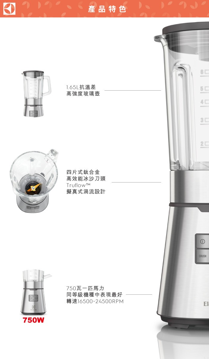 產品特色，1.65L抗溫差，高強度玻璃壺，四片式鈦合金，高效能冰沙刀頭，擬真式渦流設計，750瓦一匹馬力，同等級機種中表現最好，轉速16500~24500RPM。
