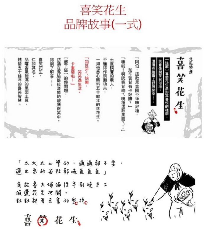 喜笑花生,品牌故事(一式),通迪部不要,的每器都嘛直直直太大太 的,吴改喜大婦係從早到吃手ェ,粒粒那有是多的能持。喜的花生,元長特產,喜笑花 生,【註解】喜笑花生是形容喜悅的樣貌,笑意像開花兄似地,漫漫在盖魔上舒展開來…,阿伯, 這款黑金刚不係嘸好種