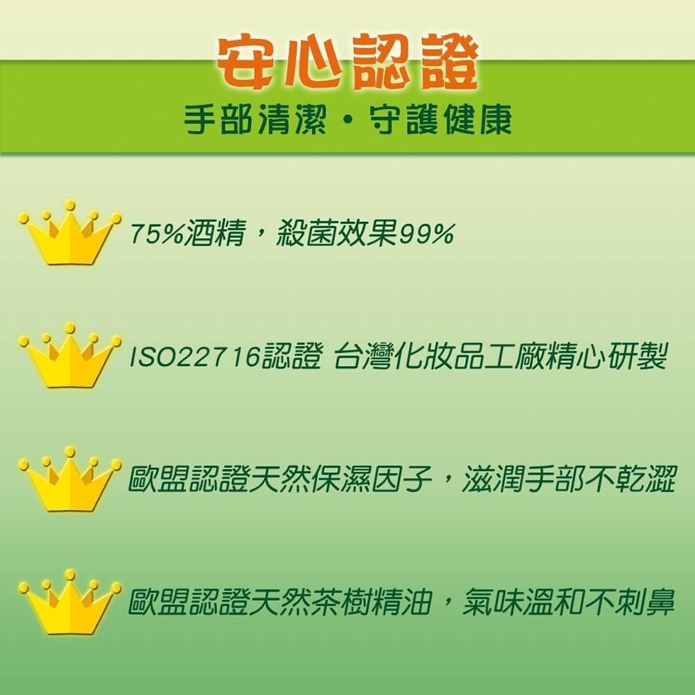 安心認證，手部清潔。守護健康，75%酒精,殺菌效果99%，ISO22716認證台灣化妝品工廠精心研製，歐盟認證天然保濕因子,滋潤手部不乾澀，歐盟認證天然茶樹精油,氣味溫和不刺鼻。