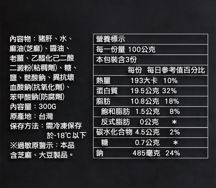 內容物:豬肝、水、麻油(芝麻)、醬油、老薑、乙醯化己二酸,二澱粉(粘稠劑)、糖、鹽、麩酸鈉、異抗壞,血酸鈉(抗氧化劑)、苯甲酸鈉(防腐劑),內容量:300G,原產地:台灣,保存方法:需冷凍保存,營養標示,每一份量100公克,本包裝含3份,每份每日參考
