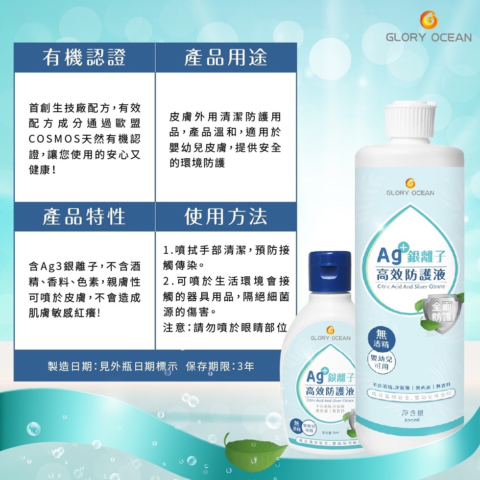 有機認證，產品用途，首創生技廠配方,有效，配方成分通過歐盟，COSMOS天然有機認，證,讓您使用的安心又，皮膚外用清潔防護用，品,產品溫和,適用於，嬰幼兒皮膚,提供安全，的環境防護，健康!產品特性，使用方法，1.噴拭手部清潔,預防接，Ag銀離子，含A