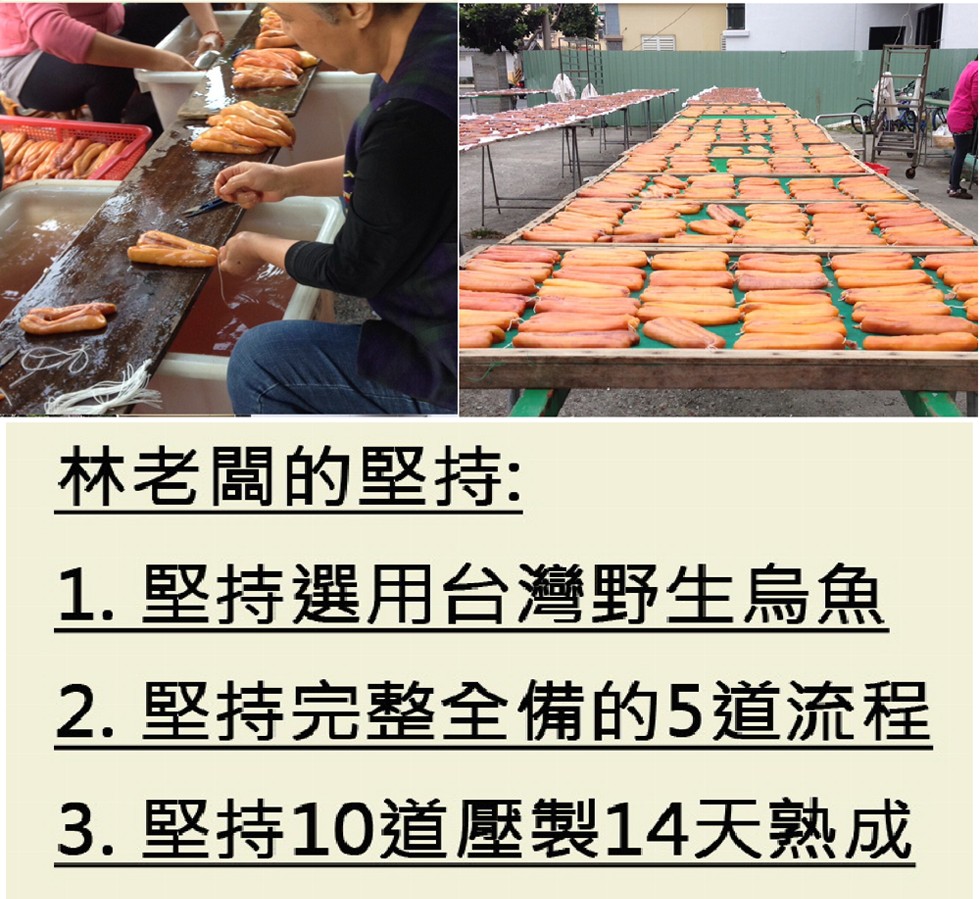 林老闆的堅持:1. 堅持選用台灣野生烏魚，2. 堅持完整全備的5道流程，3. 堅持10道壓製14天熟成。