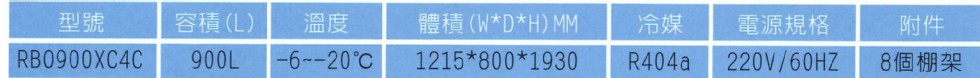 容積(L)，體積(WDH) MM，電源規格，6--20°C，8個棚架。
