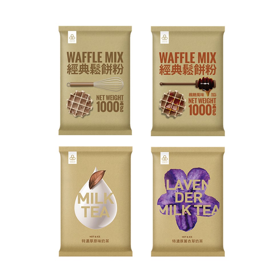 經典鬆餅粉，經典鬆餅粉，楓糖風味，特濃厚原味奶茶，特濃厚薰衣草奶茶。