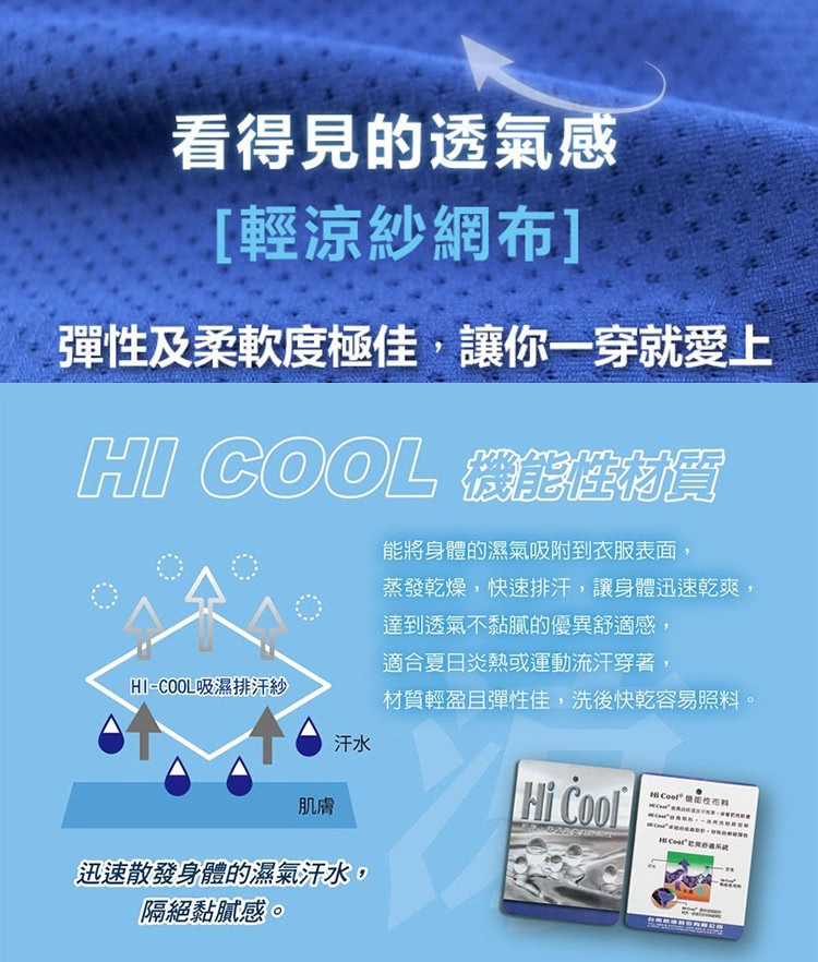看得見的透氣感，[輕涼紗網布]，彈性及柔軟度極佳,讓你一穿就愛上，HI COOL 機能性材質，能將身體的濕氣吸附到衣服表面,蒸發乾燥,快速排汗,讓身體迅速乾爽,達到透氣不黏膩的優異舒適感,適合夏日炎熱或運動流汗穿著,材質輕盈目彈性佳,洗後快乾容易照料