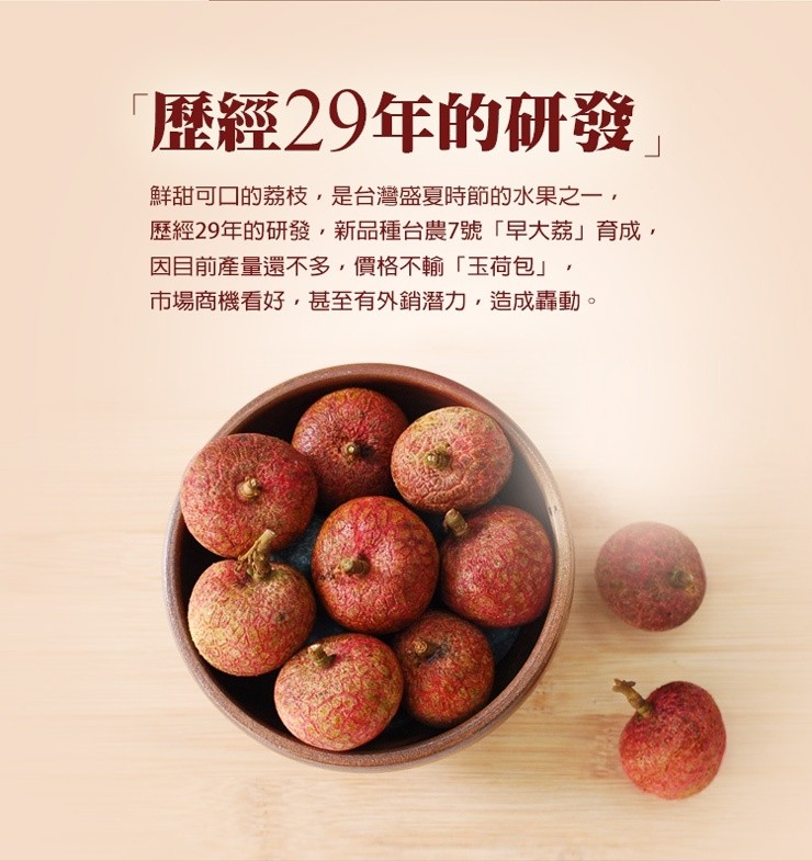 歷經29年的研發,鮮甜可口的荔枝,是台灣盛夏時節的水果之一,歷經29年的研發,新品種台農7號早大荔育成,因目前產量還不多,價格不輸玉荷包,市場商機看好,甚至有外銷潛力,造成轟動。