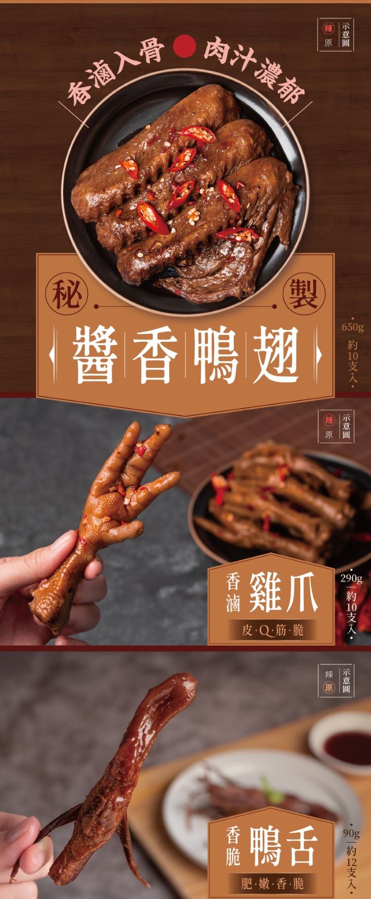 肉汁濃郁,春滴入骨,醬香鴨翅,香雞爪,皮.Q筋,脆,香鴨舌,肥。嫩香,脆,約的支入。 約卫支人,示意圖,示意圖。