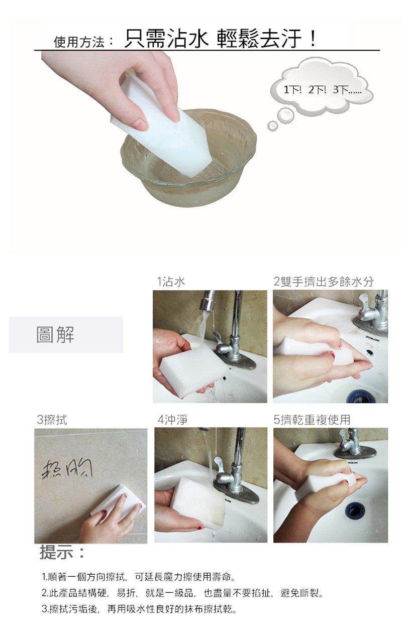 使用方法:只需沾水 輕鬆去汗!1下! 2下!3下..1沾水，2雙手擠出多餘水分，3擦拭，4沖淨，5擠乾重複使用，提示:1.順著一個方向擦拭,可延長魔力擦使用壽命。2.此產品結構硬,易折,就是一級品,也盡量不要指扯,避免斷裂。3.擦拭污垢後、再用吸水性