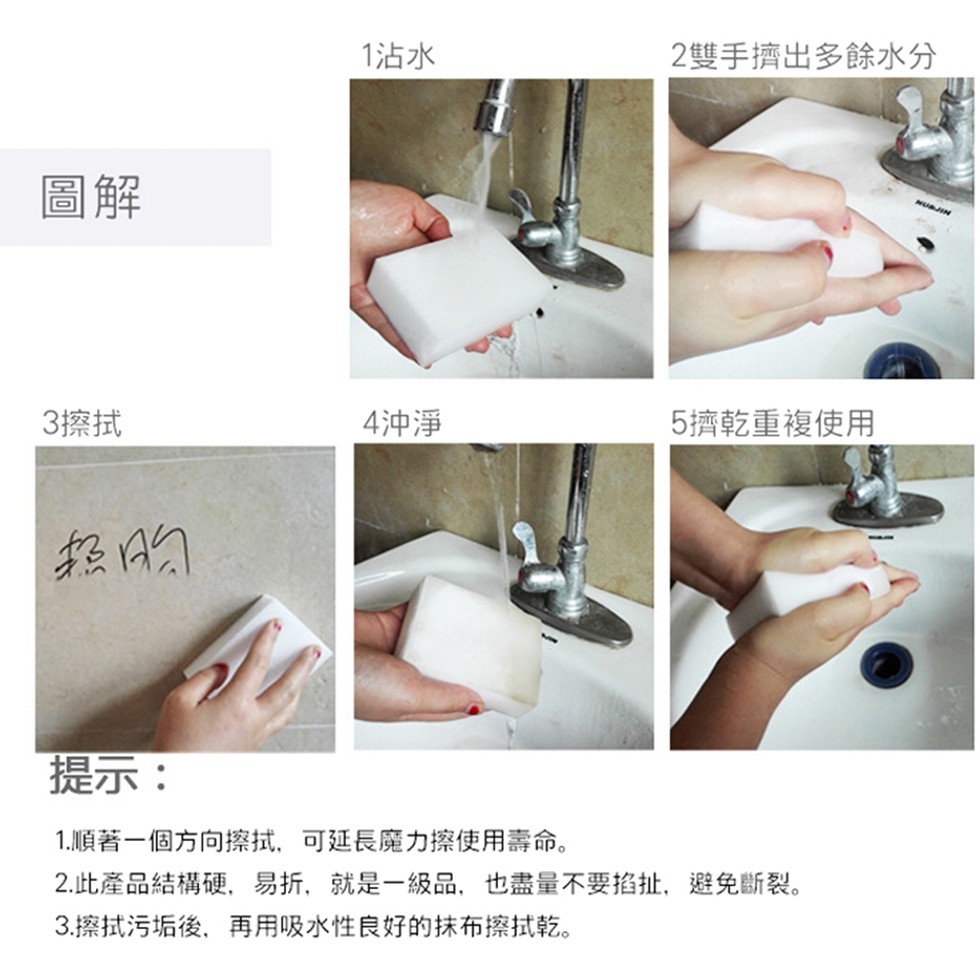 1沾水，2雙手擠出多餘水分，3擦拭，4沖淨，5擠乾重複使用，提示:1.順著一個方向擦拭,可延長魔力擦使用壽命。2.此產品結構硬,易折,就是一級品,也盡量不要掐扯址,避免斷裂。3.擦拭污垢後,再用吸水性良好的抹布擦拭乾。