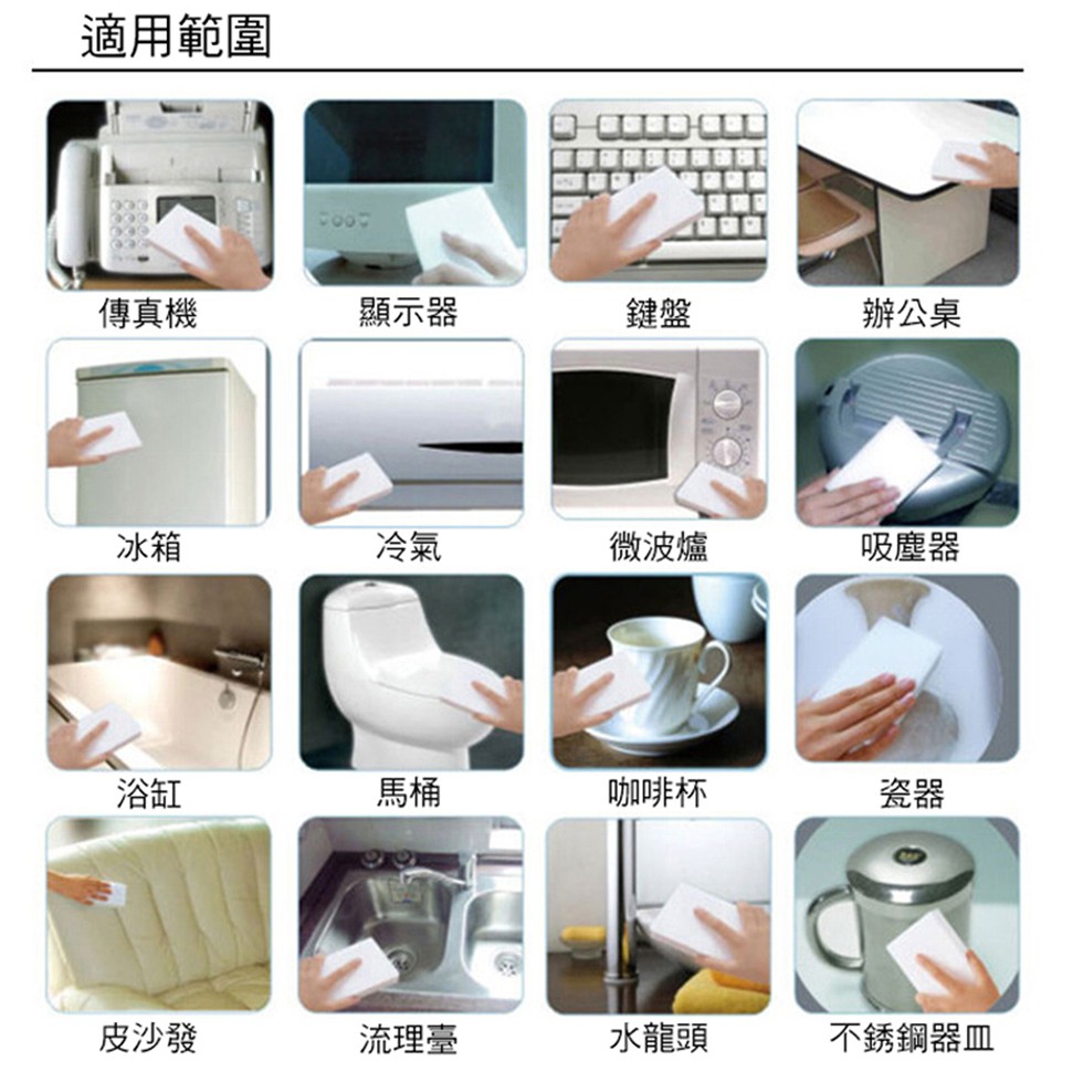 適用範圍，傳真機，顯示器，辦公桌，微波爐，吸塵器，咖啡杯，皮沙發，流理臺，水龍頭，不銹鋼器皿。