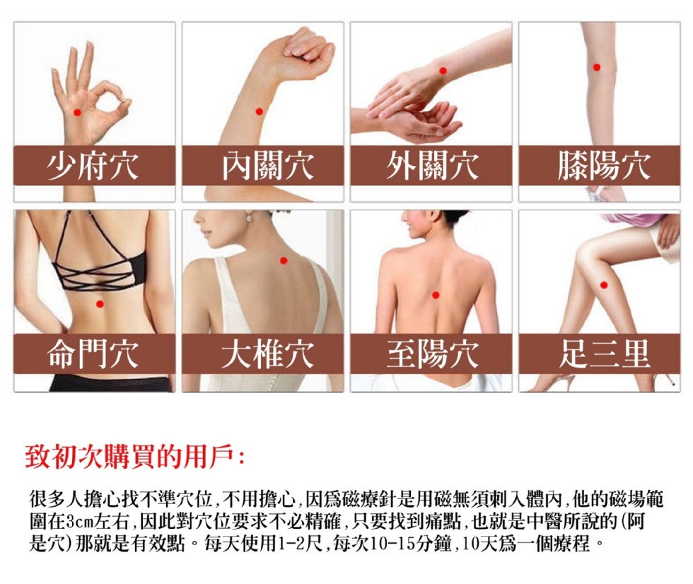 少府穴,內關穴,外關穴,膝陽穴,命門穴,大椎穴,至陽穴,足三里,致初次購買的用戶:很多人擔心找不準穴位,不用擔心,因爲磁療針是用磁無須刺入體內,他的磁場範,圍在3cm左右,因此對穴位要求不必精確,只要找到痛點,也就是中醫所說的(阿,是穴)那就是有效點